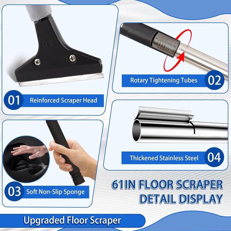 Frebuta 4"Razor Blade Floor Scraper with Long Handle,61in Adjustable Floor Scraper Heavy Duty with 10PCS Extra Metal Blades Paint Scraper for Cleaning Stickers Gum Glass Wall Tile Linoleum Stove Top - Image 3